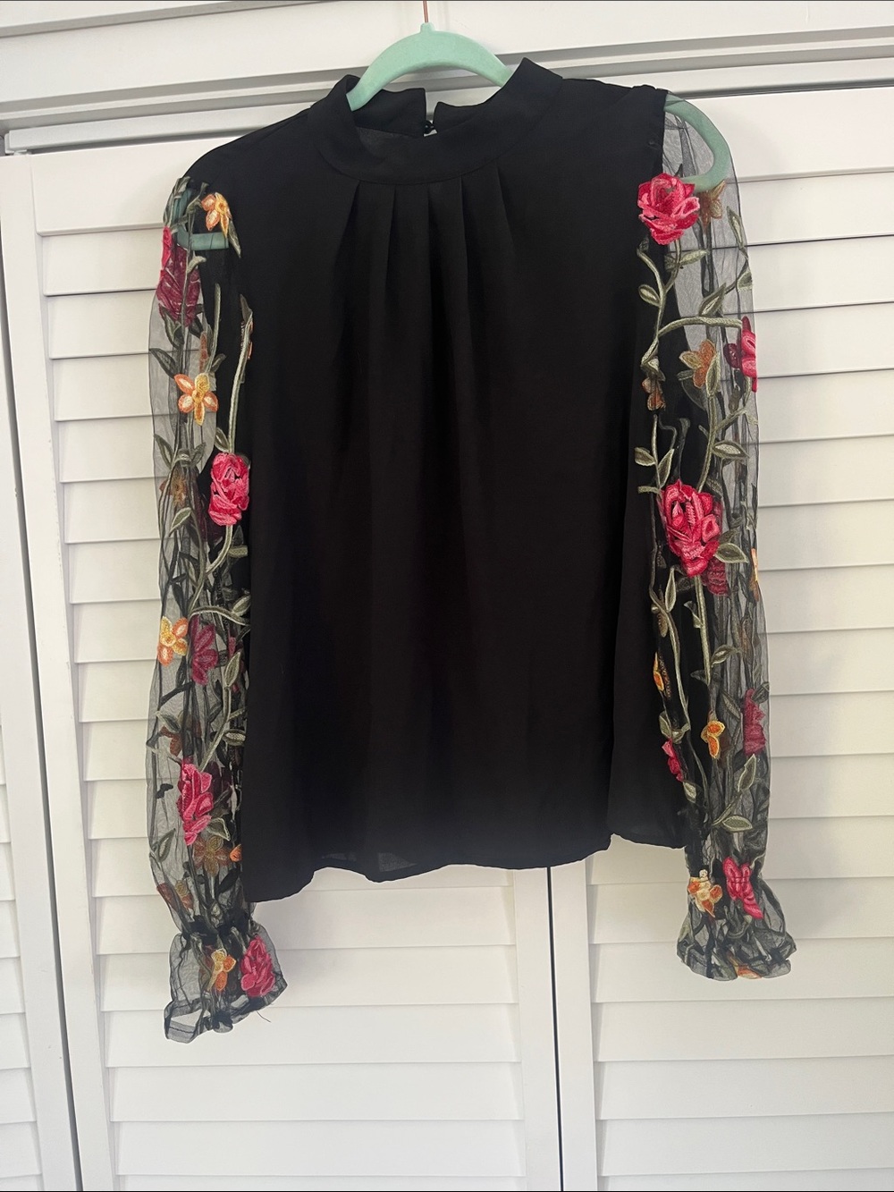Black Floral-Embroidered Sheer Sleeve Top